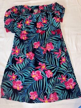 Charlie Paige Navy Dress with Pink & Teal Tropical Print